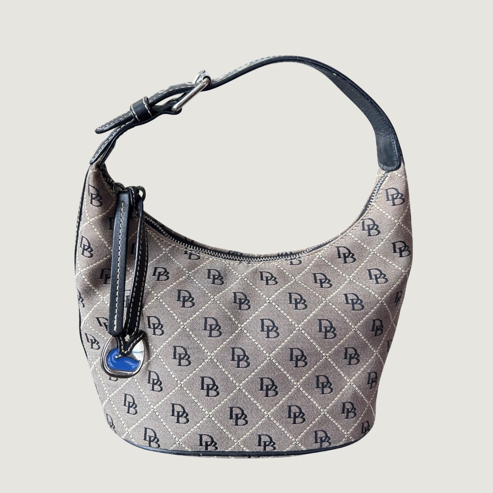 Dooney & Bourke 90s Monogram DB Jacquard Leather Hobo Bag Gray Black Duck Charm